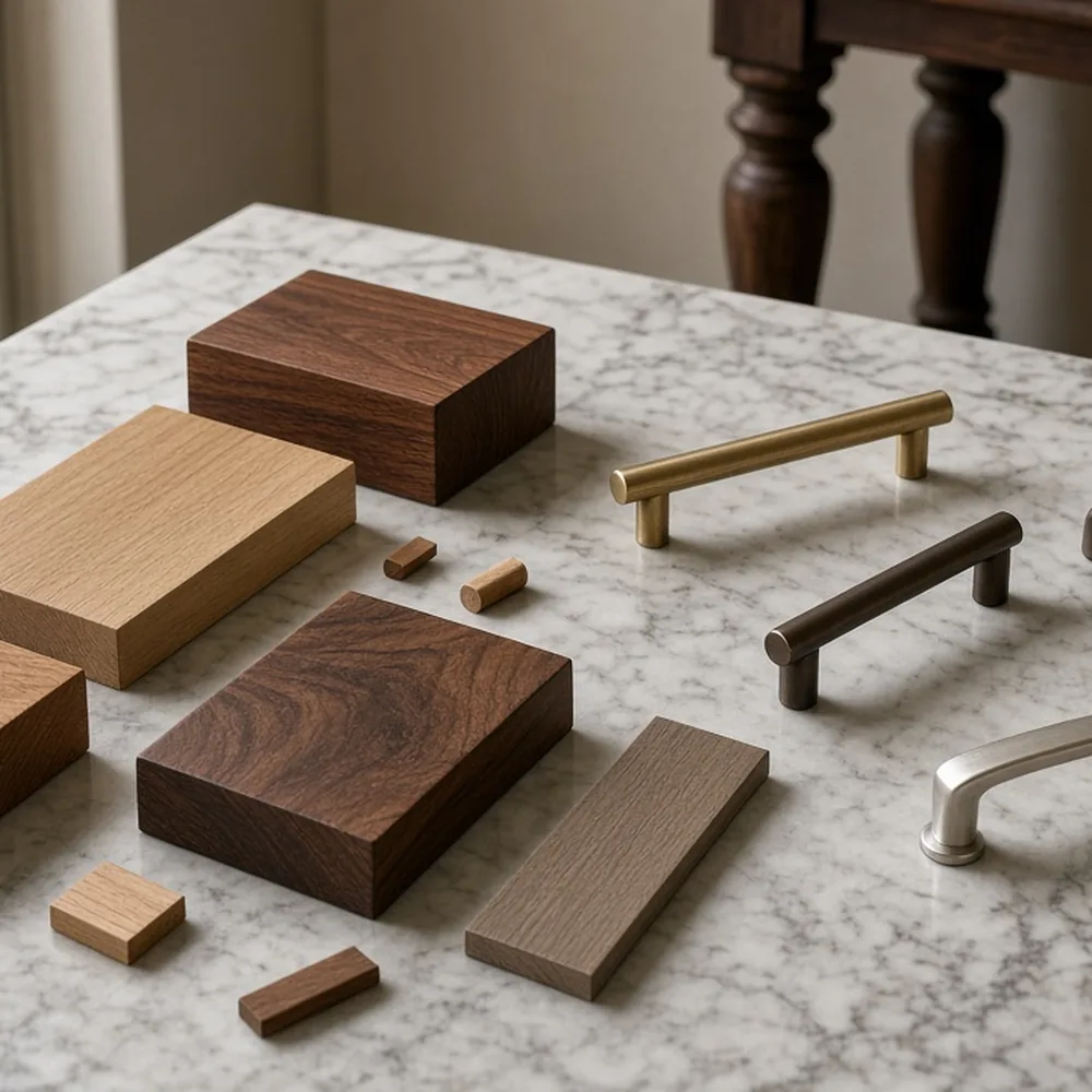 Campioni di legno e maniglie sul tavolo del progetto