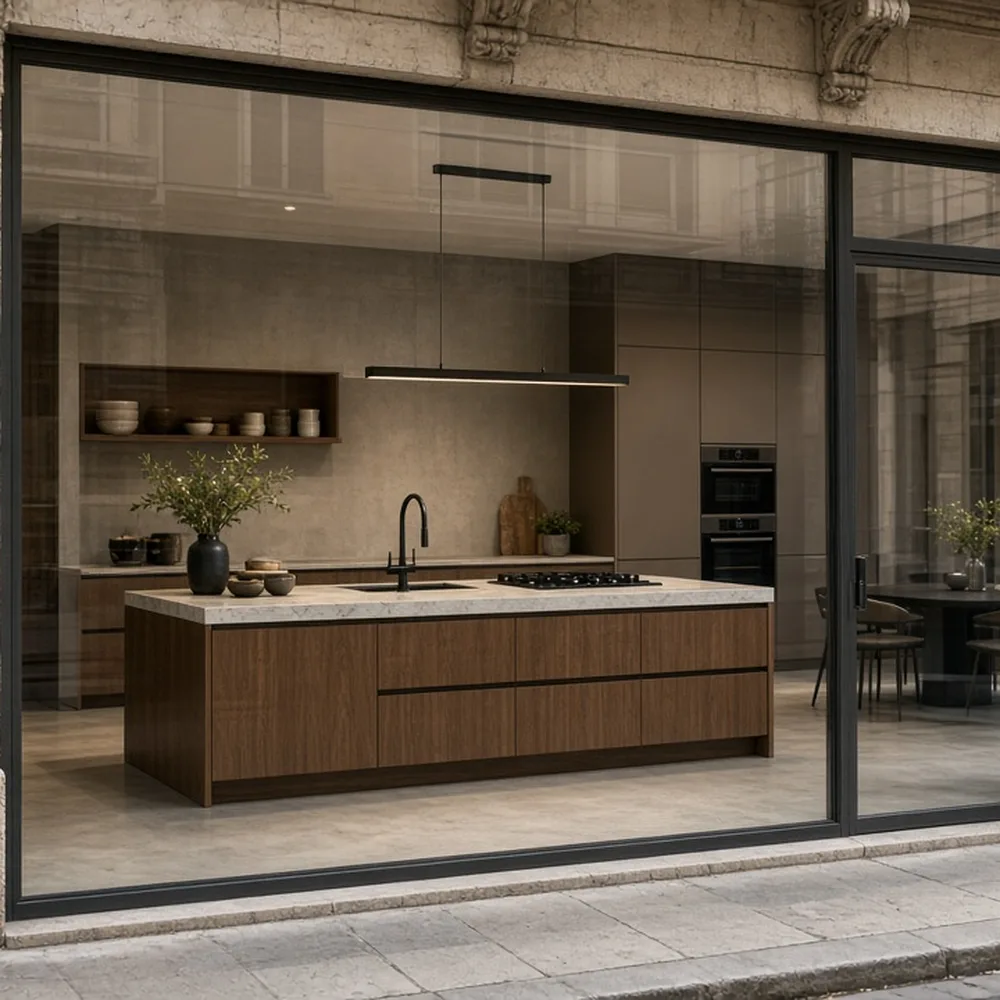 L'ingresso dello showroom con vetrate e una cucina in vista, nessuna scritta leggibile