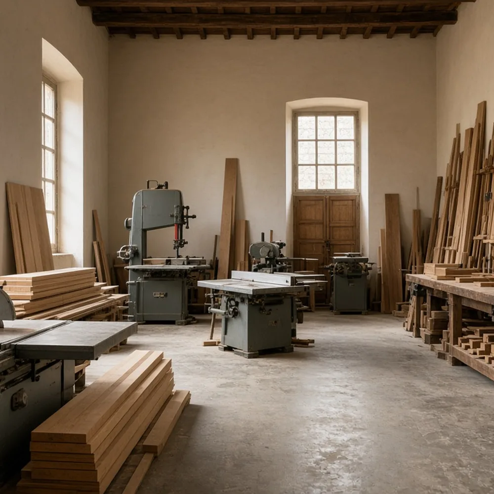 Il laboratorio con le macchine e i pannelli di legno