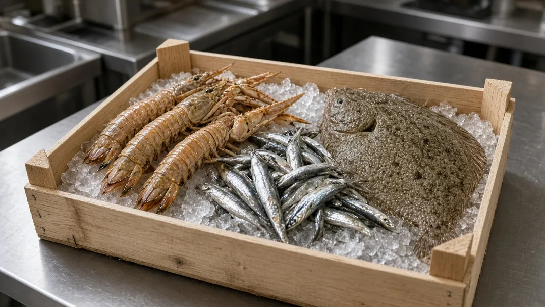 La cassetta del pesce arrivato stamattina, sul ghiaccio in cucina