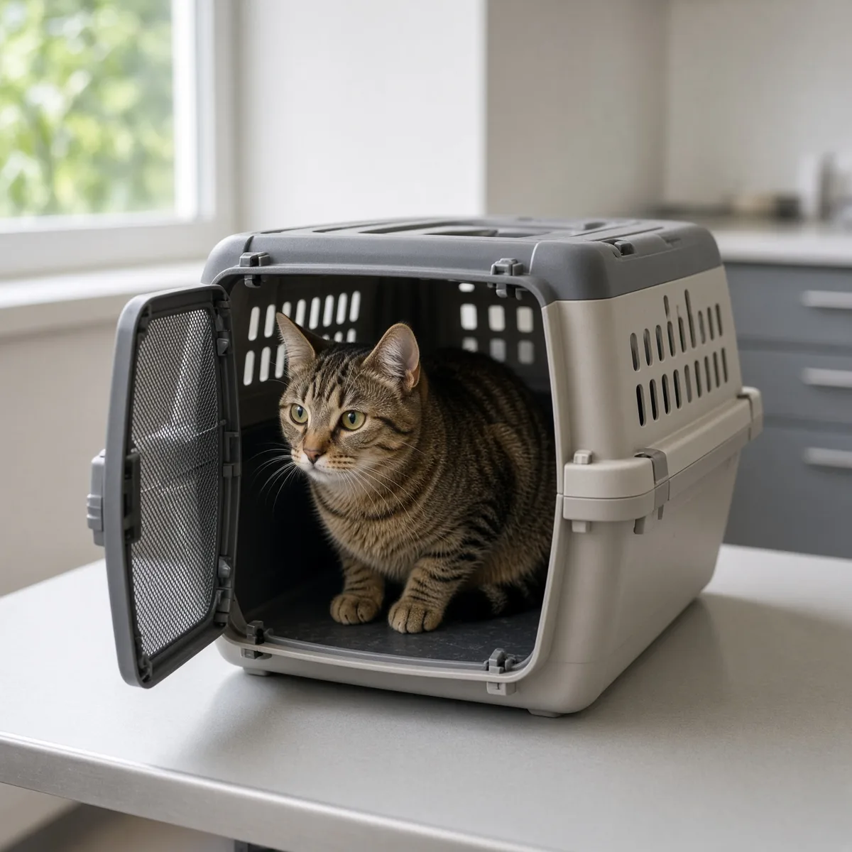 Un gatto tigrato in un trasportino aperto sul tavolo, luce morbida