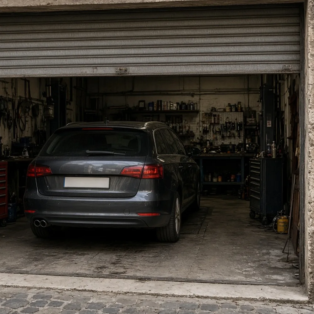 L'ingresso di un'officina con la saracinesca alzata e un'auto dentro