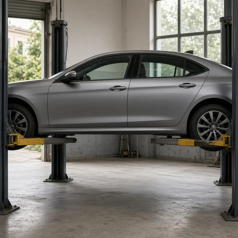 L'officina con il ponte sollevatore e un'auto sopra