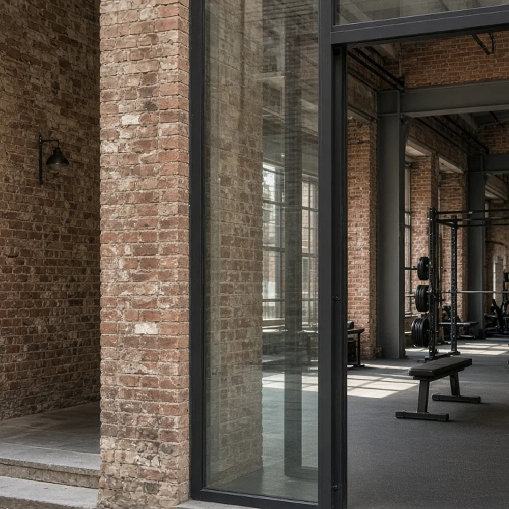 L'ingresso della palestra in un ex capannone, porta in vetro, nessuna scritta leggibile