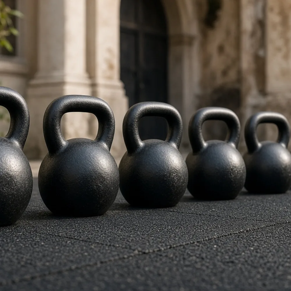 Kettlebell in fila sul pavimento in gomma
