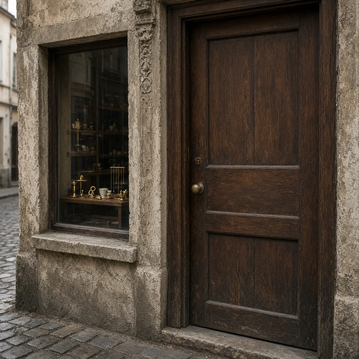 La porta in legno del laboratorio in una via del centro, vetrina con gioielli, nessuna scritta leggibile