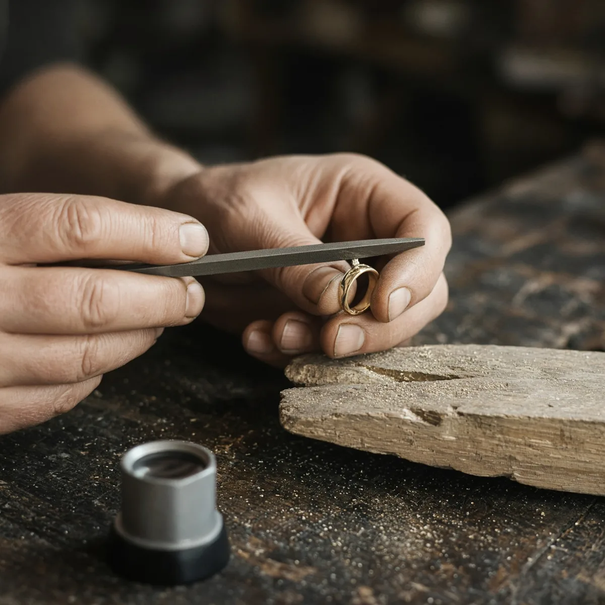 Mani che limano un anello d'oro al banco, con la lente