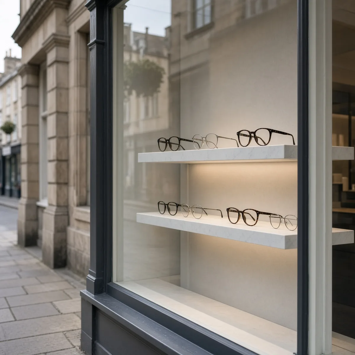 La vetrina di un'ottica in una via del centro, con montature esposte e nessuna scritta leggibile