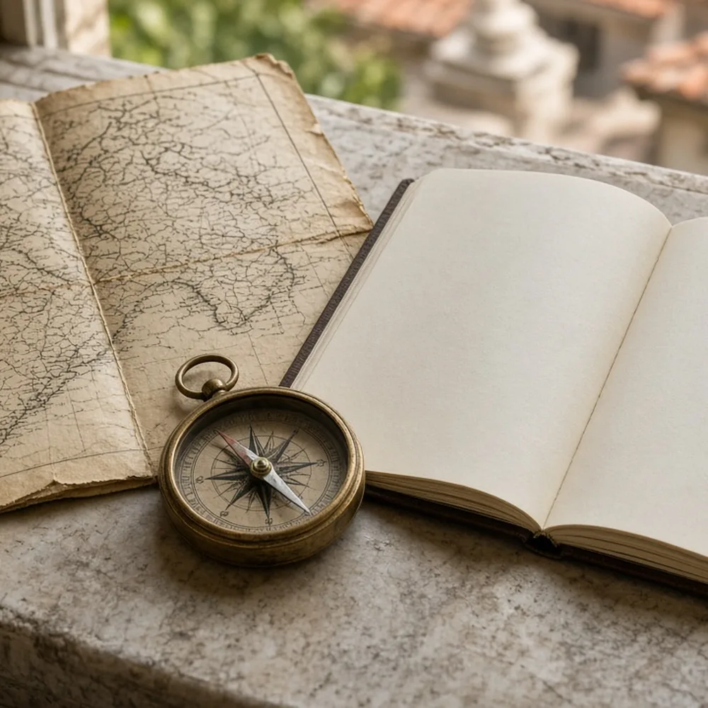 Una vecchia mappa con una bussola e un taccuino aperto, senza scritte leggibili