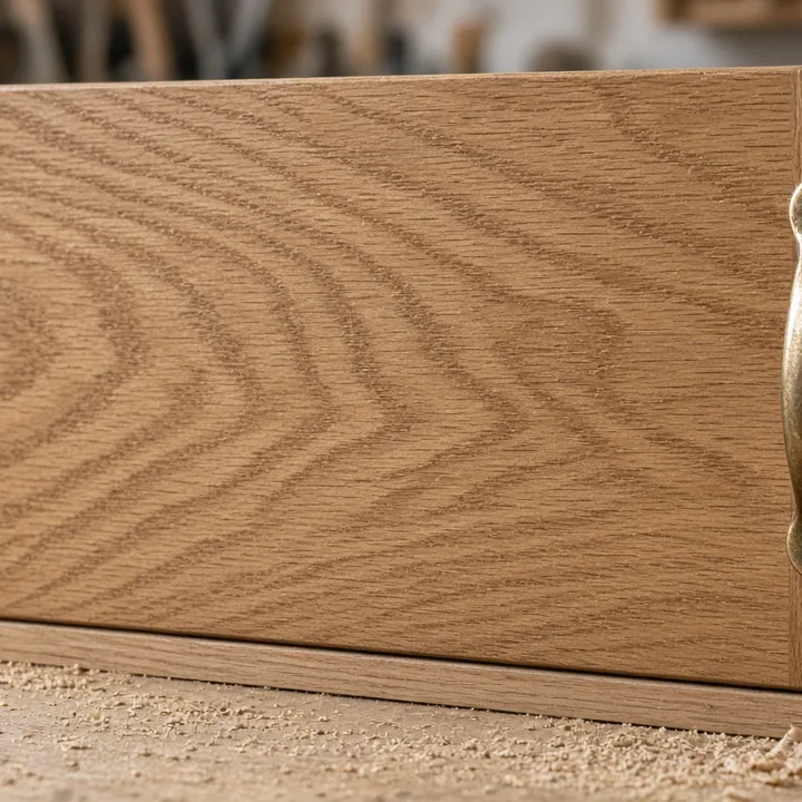 Il dettaglio di un'anta in rovere con la venatura del legno e una maniglia in ottone