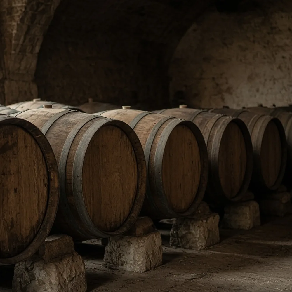 Botti di legno nella cantina in penombra