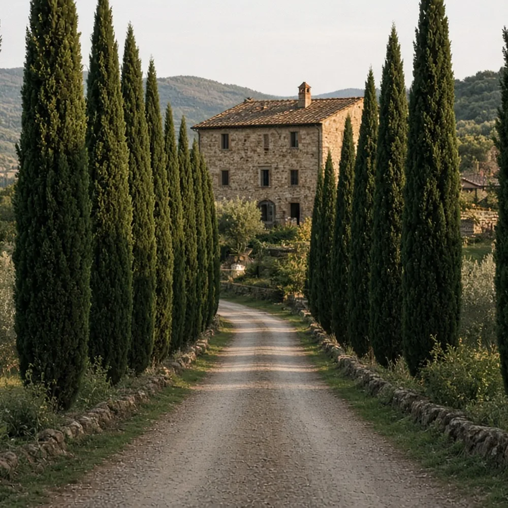 Il viale di cipressi che porta al casale in pietra, senza cartelli leggibili