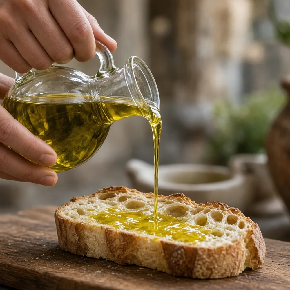 Mani che versano olio nuovo su una fetta di pane