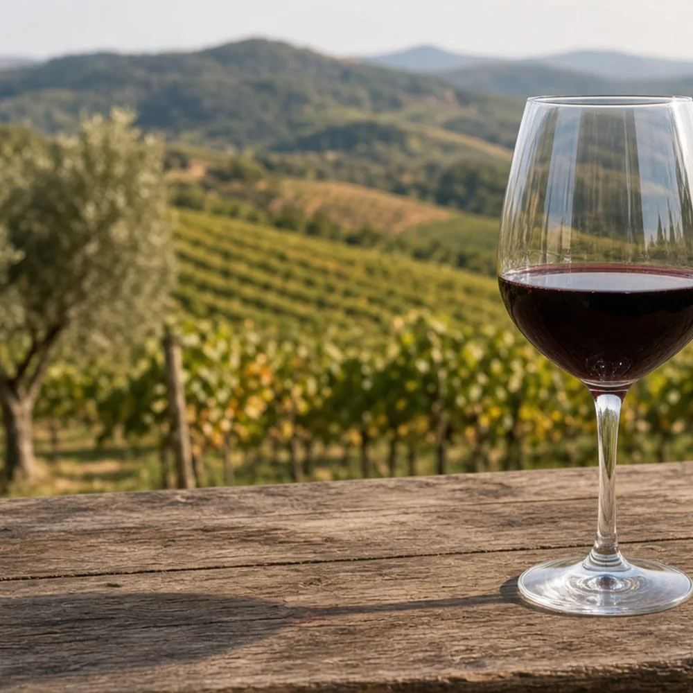 Un bicchiere di vino rosso su un tavolo di legno, vigne sullo sfondo