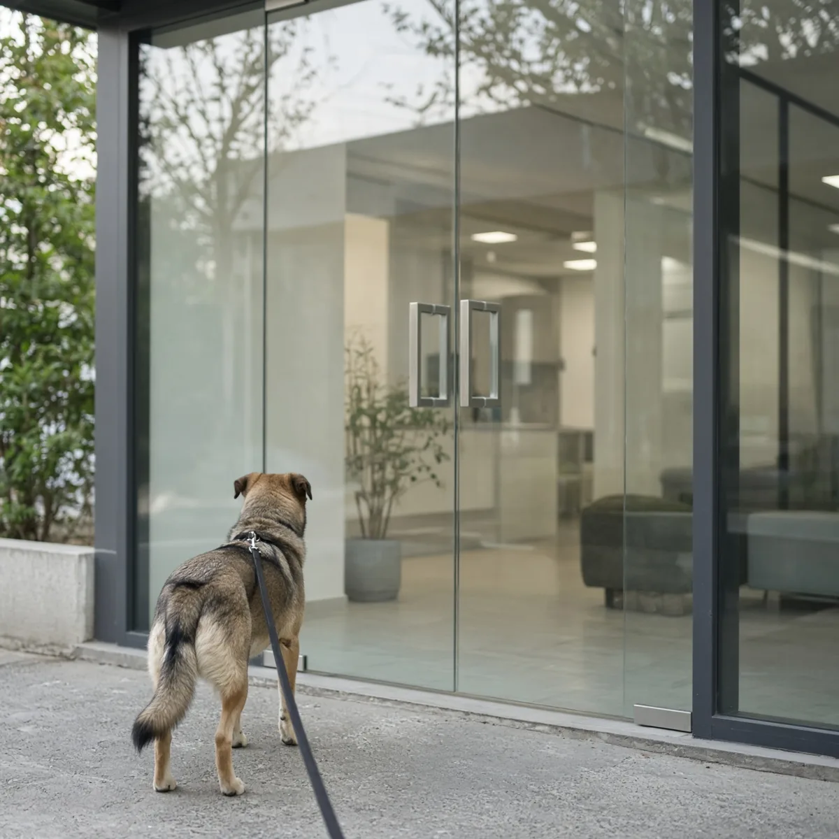 L'ingresso della clinica veterinaria con un cane al guinzaglio di spalle, porta in vetro senza scritte leggibili