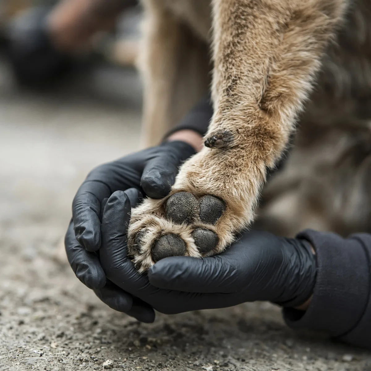 Mani con i guanti che controllano la zampa di un cane