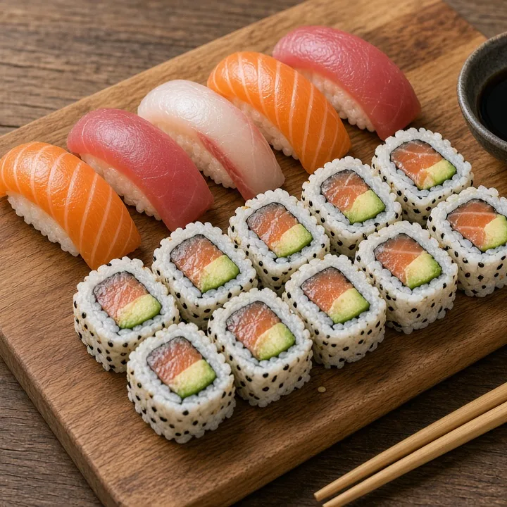 Un piatto di nigiri e uramaki appena preparato sul banco di legno