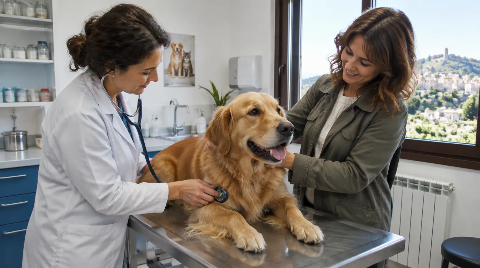 Una veterinaria ascolta con lo stetoscopio un golden retriever sdraiato sul tavolo, mentre la padrona lo accarezza; dalla finestra si vedono le colline e un paese in cima