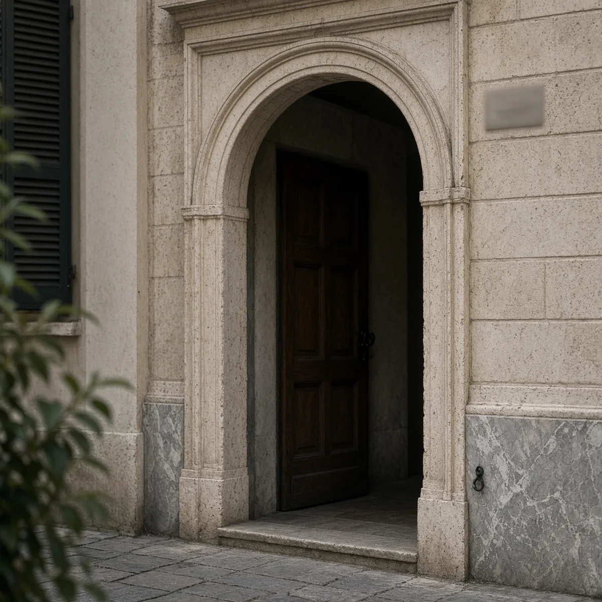Il portone di un palazzo nel centro di Brescia con una targa illeggibile