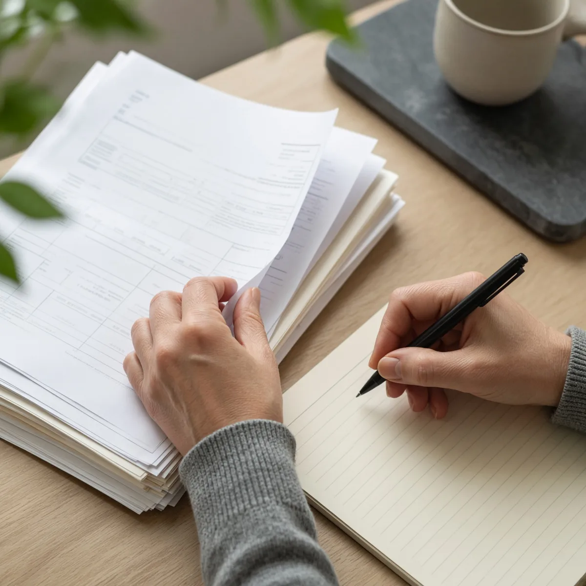 Mani che sfogliano fatture e scrivono su un bloc-notes