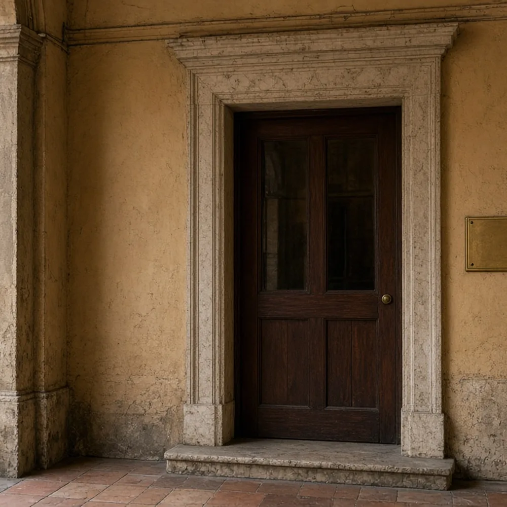 L'ingresso di uno studio dentistico sotto un portico bolognese, porta in vetro senza scritte leggibili