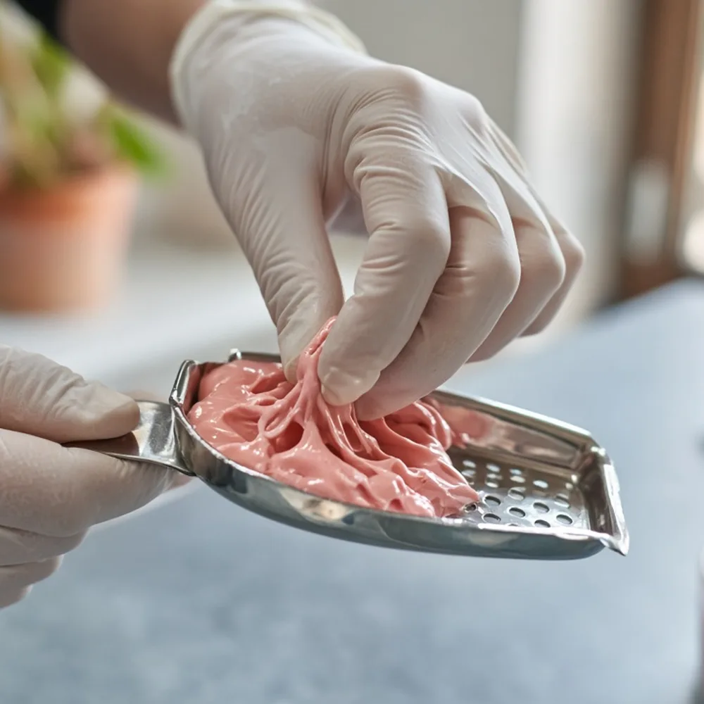 Mani con i guanti che preparano lo specchietto e la sonda su un vassoio