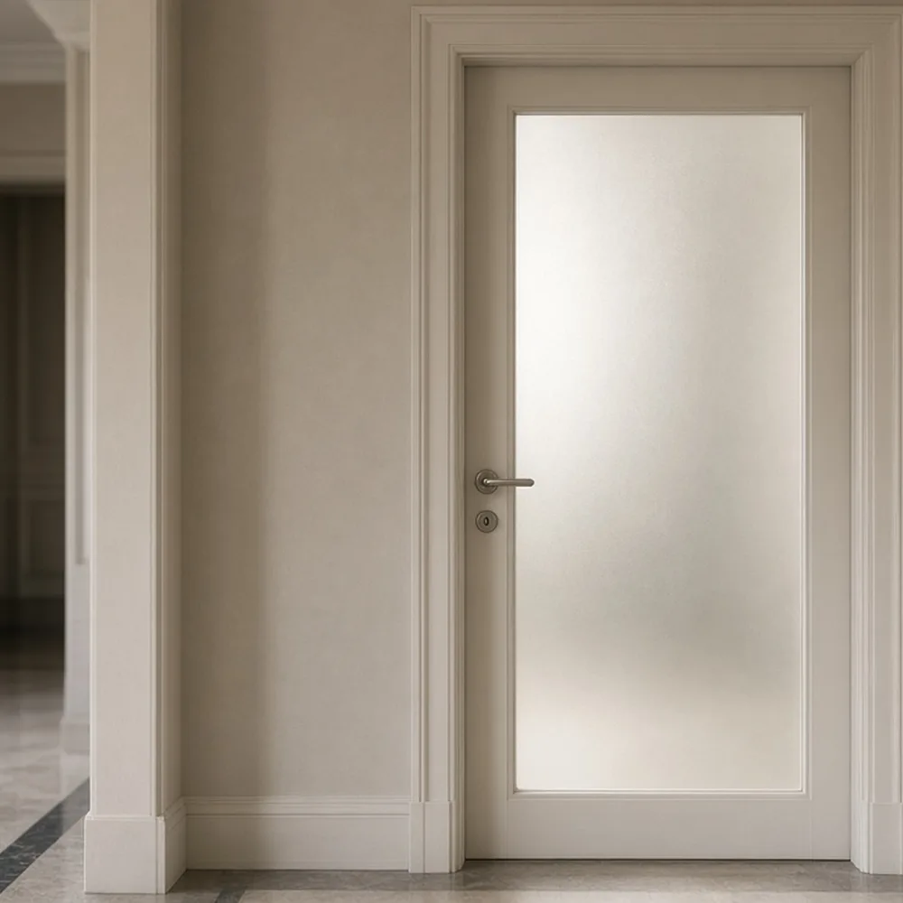 L'ingresso dello studio dentistico in un palazzo, porta in vetro senza scritte leggibili
