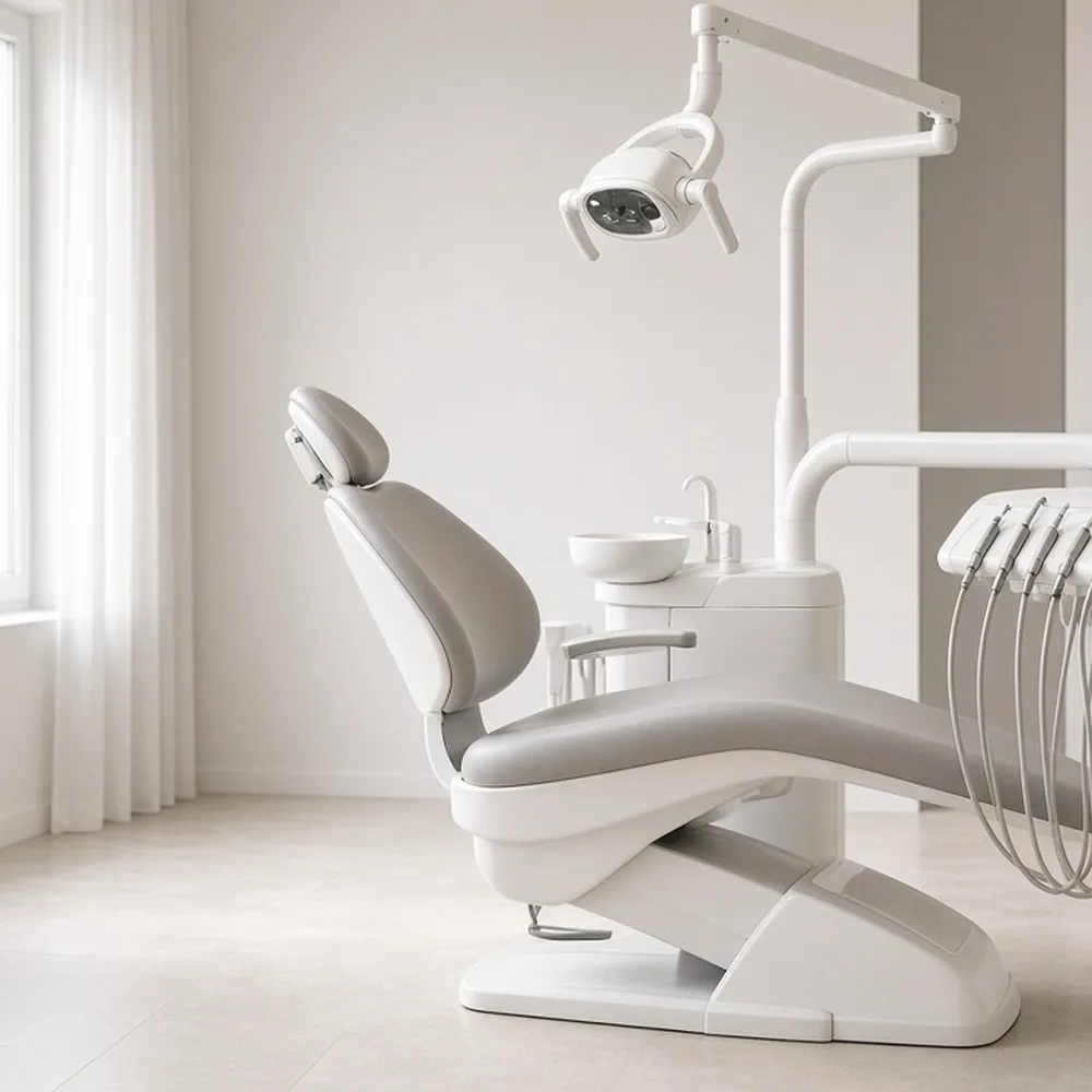 Una poltrona odontoiatrica moderna, pulita, con la lampada spenta
