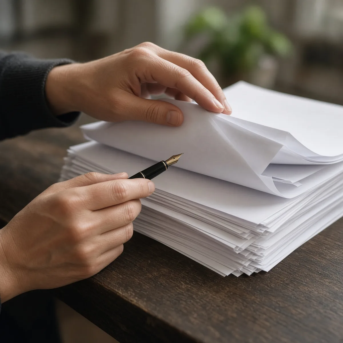 Mani che sfogliano un contratto con una penna stilografica