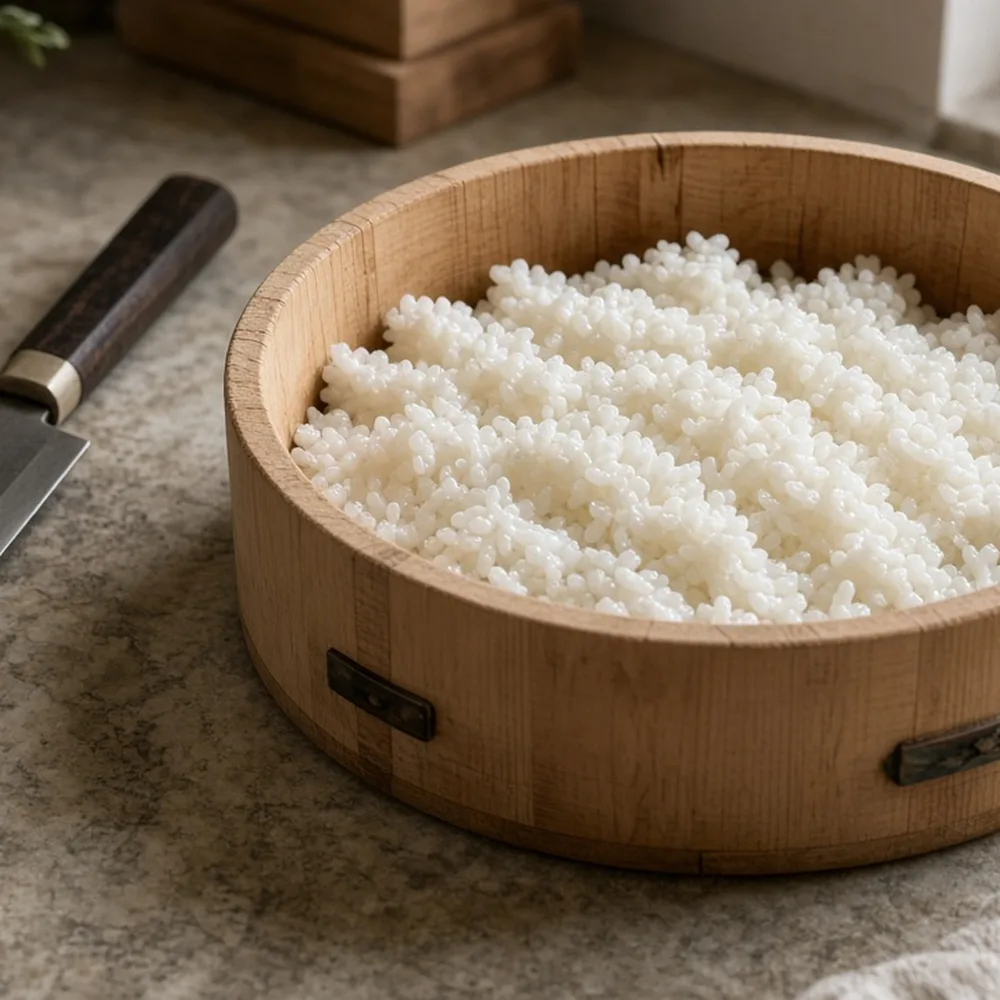 Il riso nel hangiri di legno e il coltello da sushi