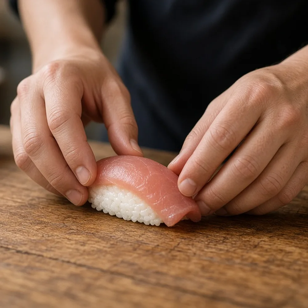 Mani che formano un nigiri sul bancone di legno