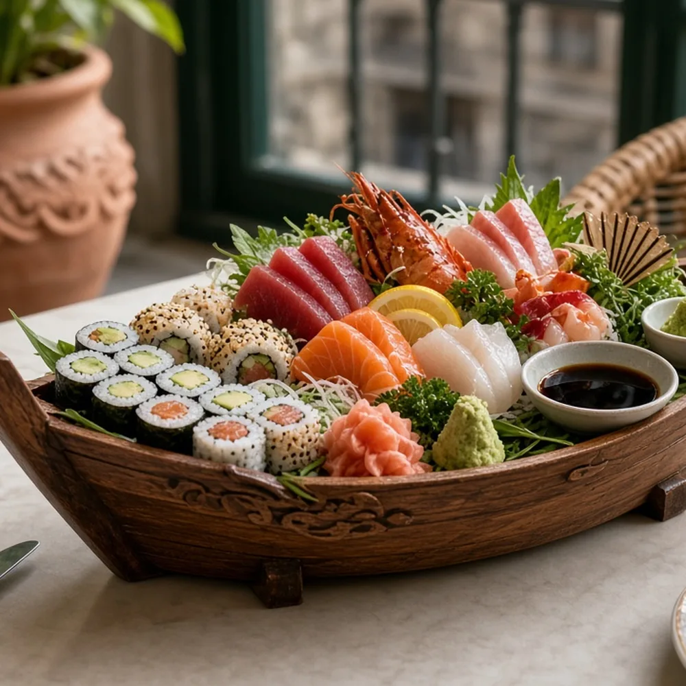Una barca di sushi e sashimi appena servita