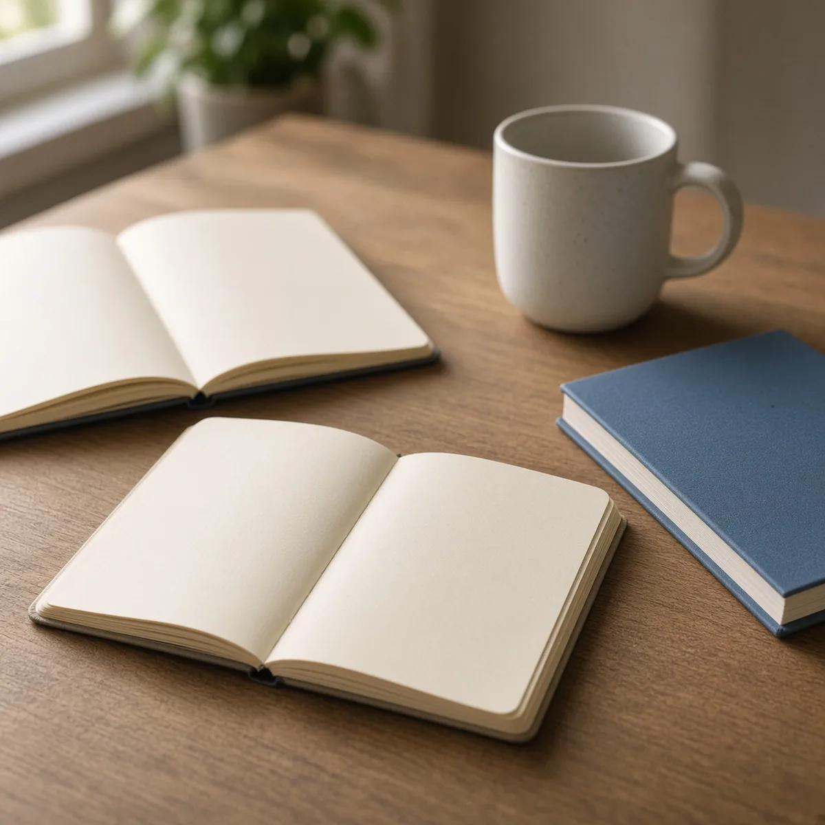Quaderni aperti, una tazza e un libro di esercizi senza titoli leggibili su un banco