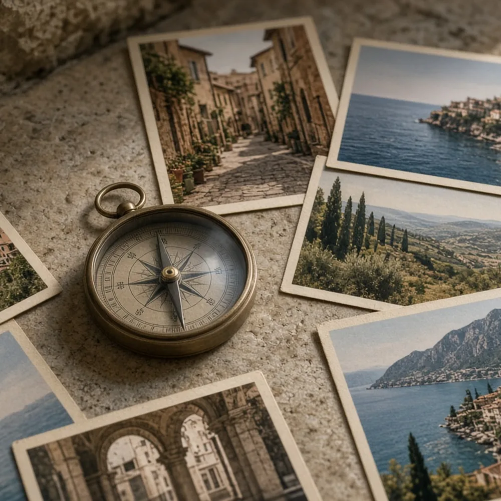 Una bussola e cartoline di viaggio sparse, senza scritte