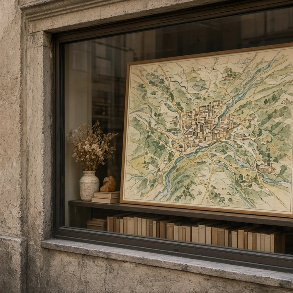 La vetrina dell'agenzia in una via di Oltretorrente con una mappa illustrata, nessuna scritta leggibile