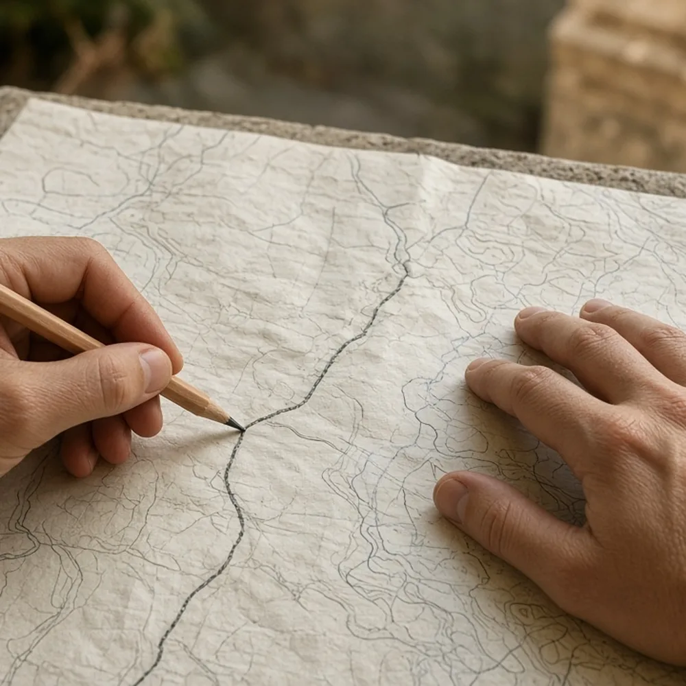 Mani che segnano un itinerario su una mappa di carta con una matita