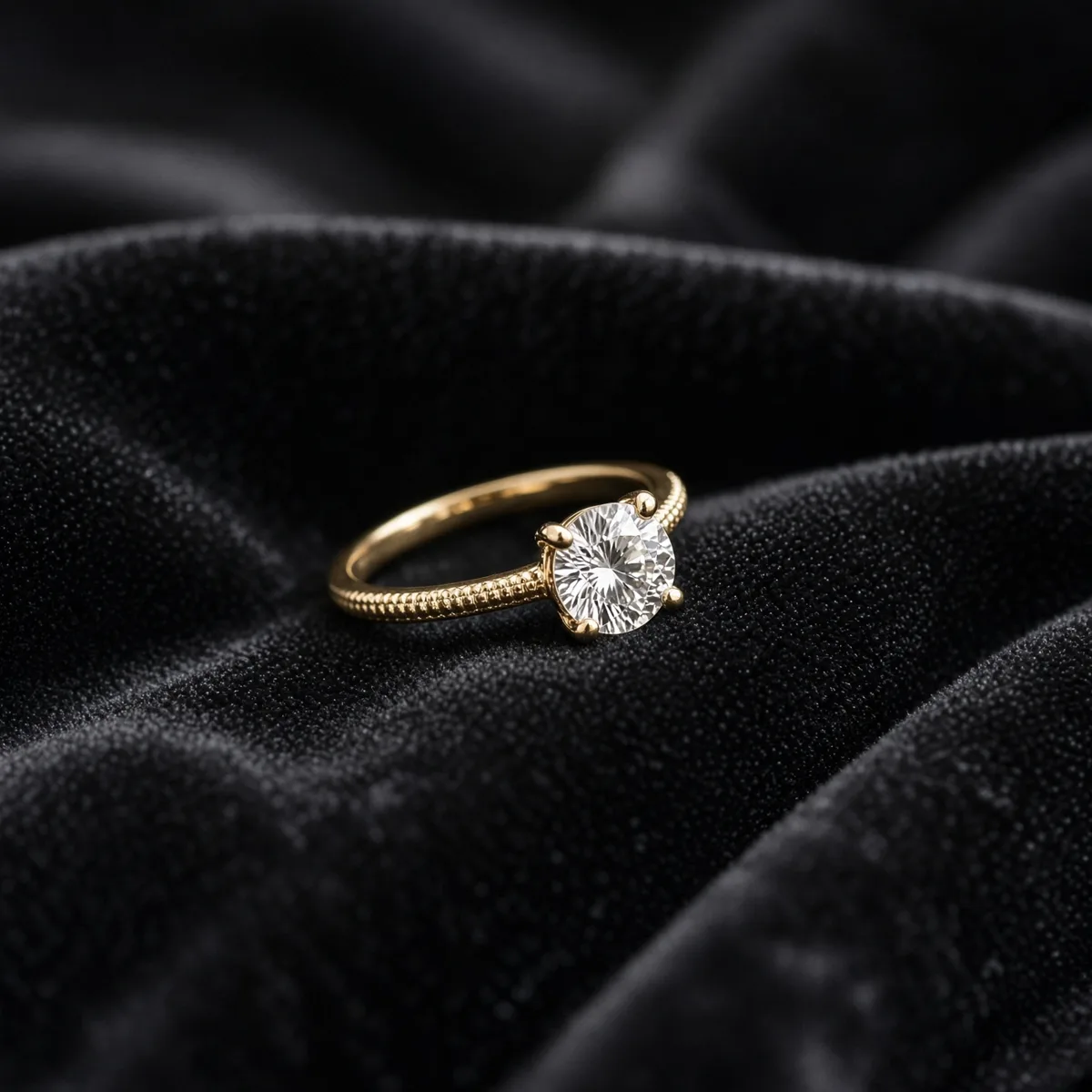 Un anello di fidanzamento in oro giallo appoggiato su un panno di velluto