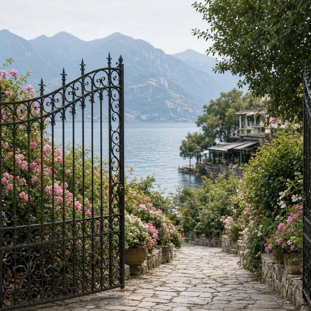 Il cancello e il vialetto fiorito di un hotel sul lago, insegna senza nome leggibile