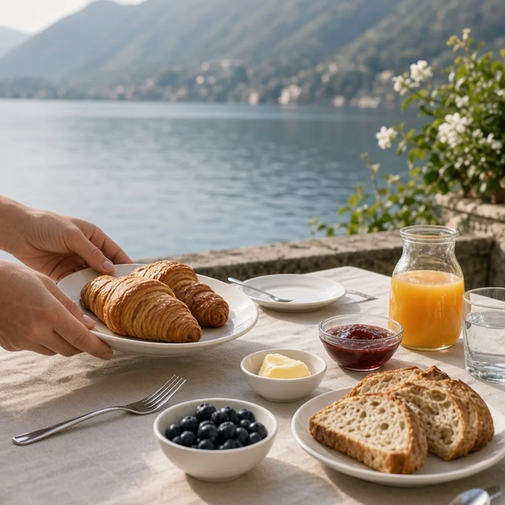 Mani che sistemano una colazione su un tavolo in terrazza