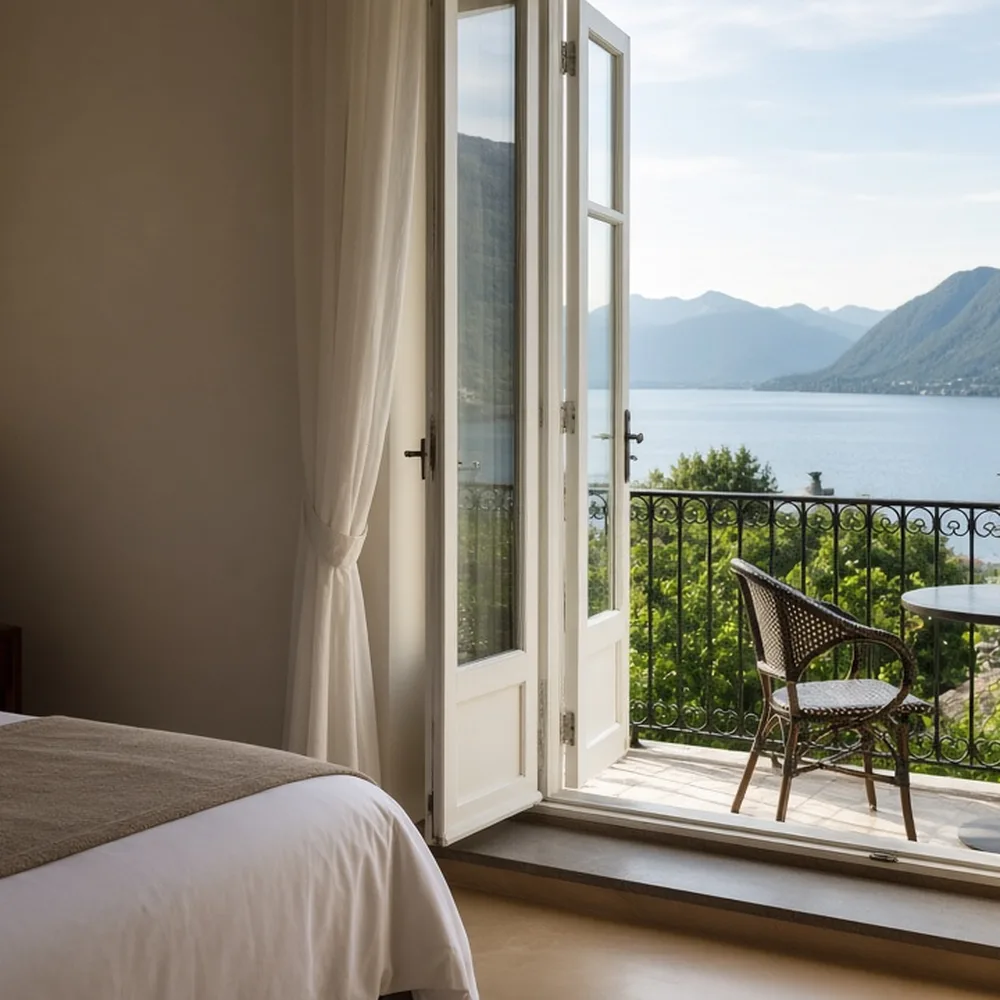 Una camera con balcone e vista sul lago al mattino
